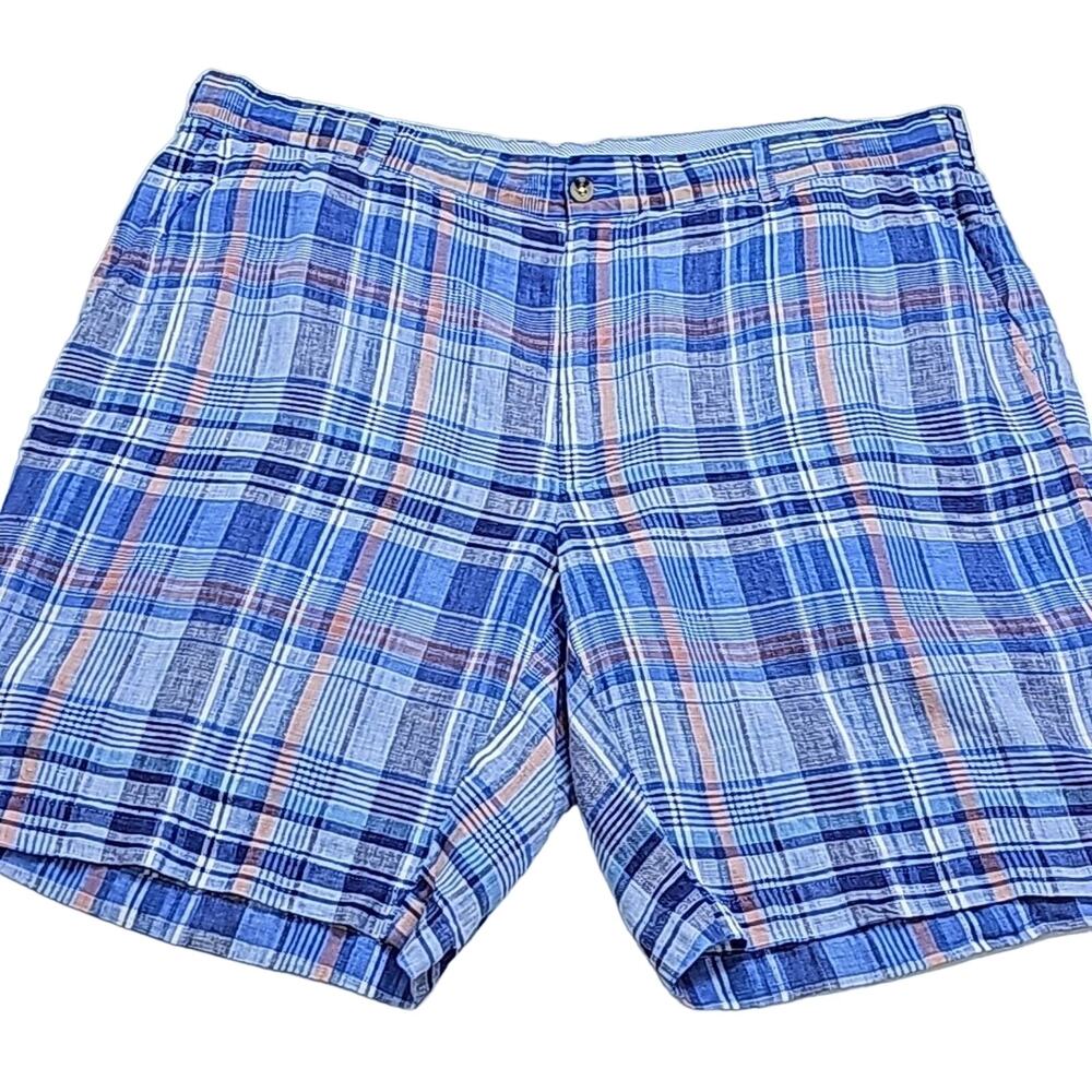 Peter Millar Mens Sz 40 Blue Seaside Plaid 100% Linen Pockets Golf Shorts